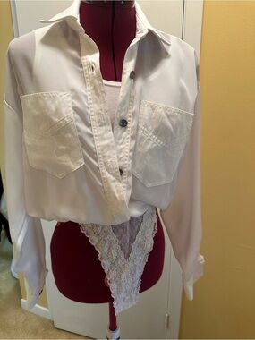 Cache Sheer White Button-Front Shirt Overlay with attached Tank top/lace panty